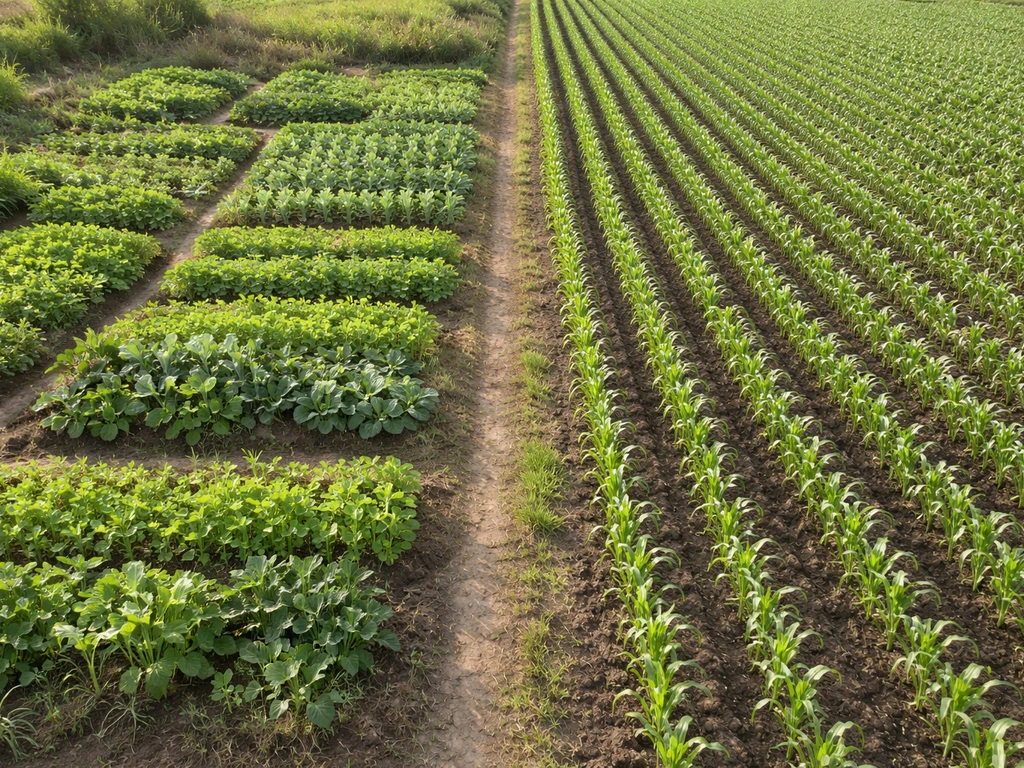 Split farmland scene showing small mixed subsistence plots beside larger uniform cash-crop rows.