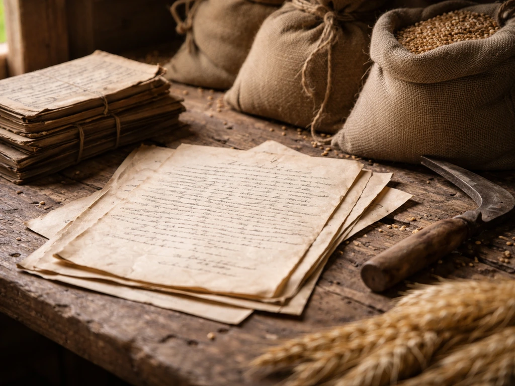 Close-up of handwritten contract papers and ledgers beside seeds and harvested grain, implying debt pressure.