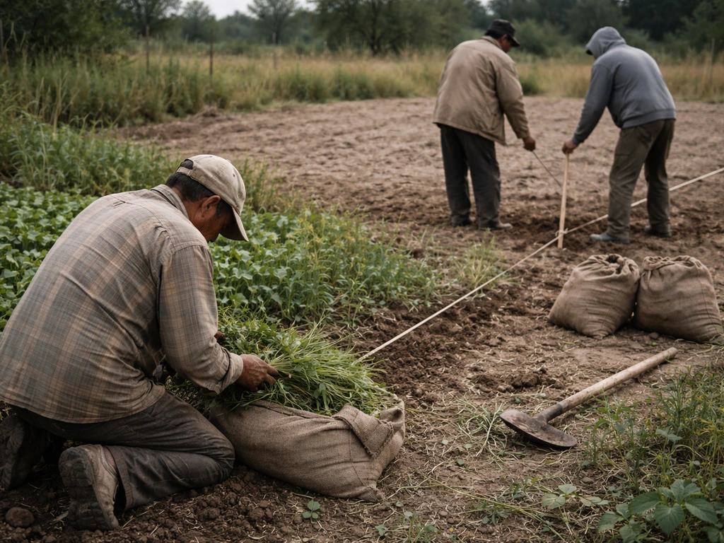 Anonymous laborers mark a new boundary in a small field while a farmworker tends crops amid an eviction.