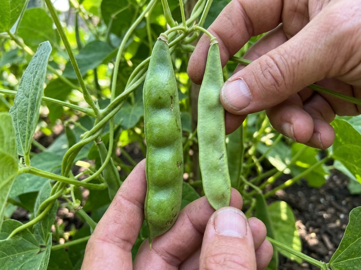 Close-up of firm, rounded green bean pods next to flat empty pods