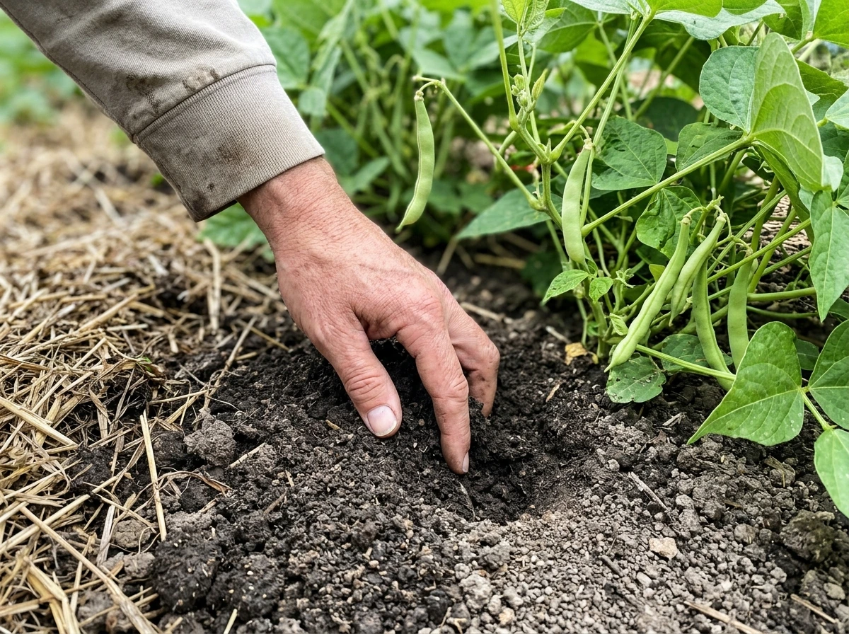 Garden soil test by finger near bean roots showing dryness