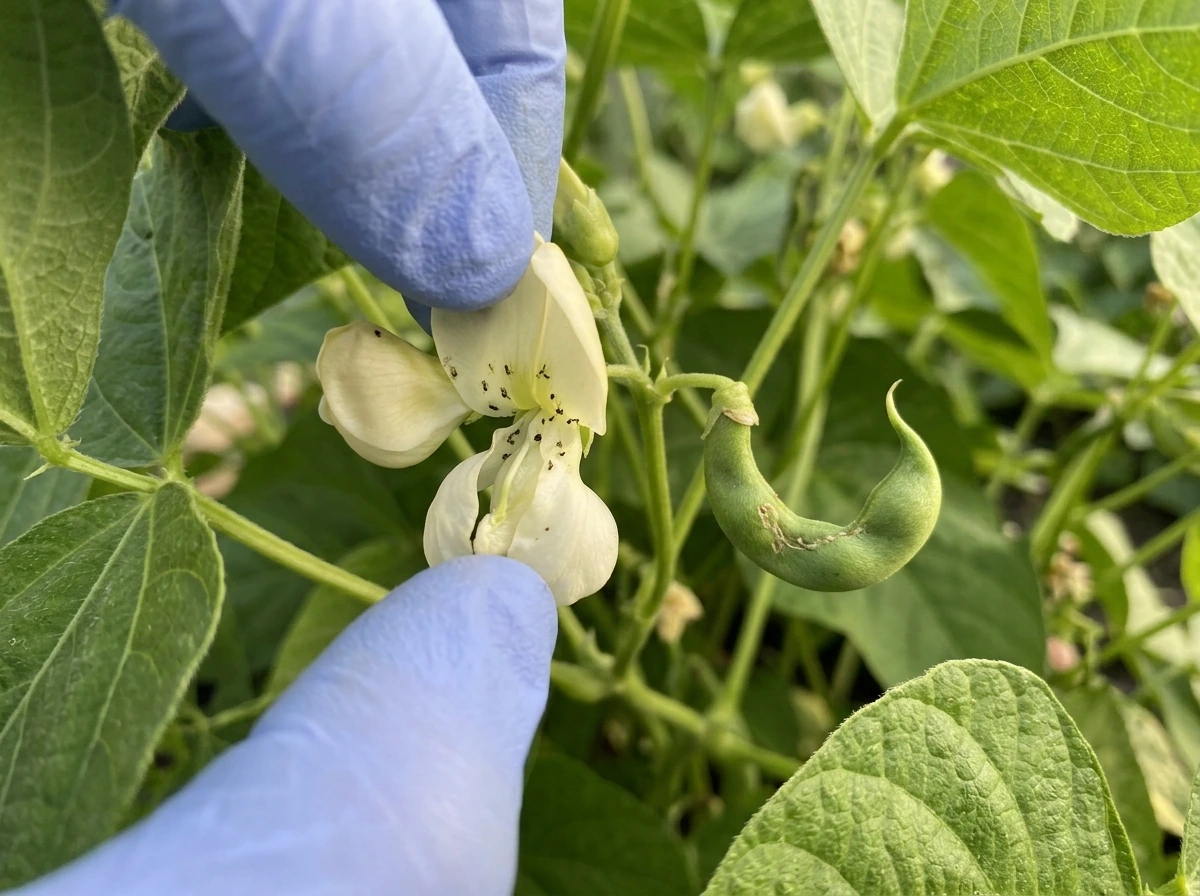 Thrips-damaged bean flower and developing pod