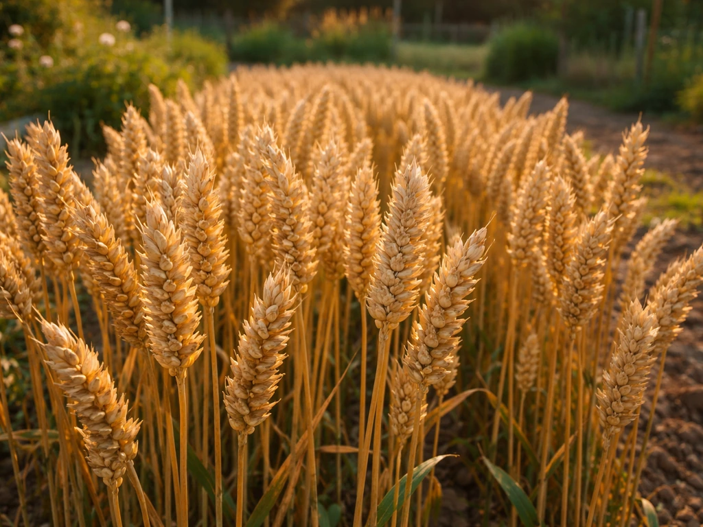 Ripe golden wheat heads in a home field ready for harvest for bread flour potential.
