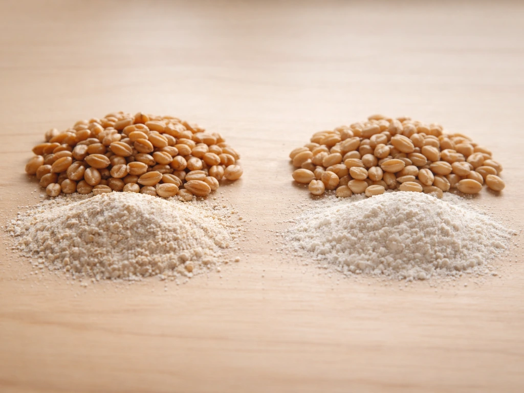Side-by-side hard and soft wheat kernels with corresponding flour textures on a wooden surface.