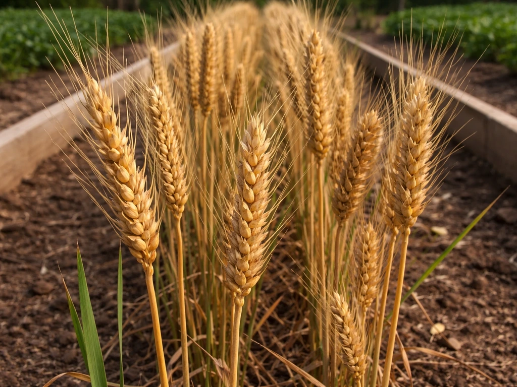 Close-up of Hard Red Winter wheat heads in a raised garden bed, ripe amber spikes in natural light.