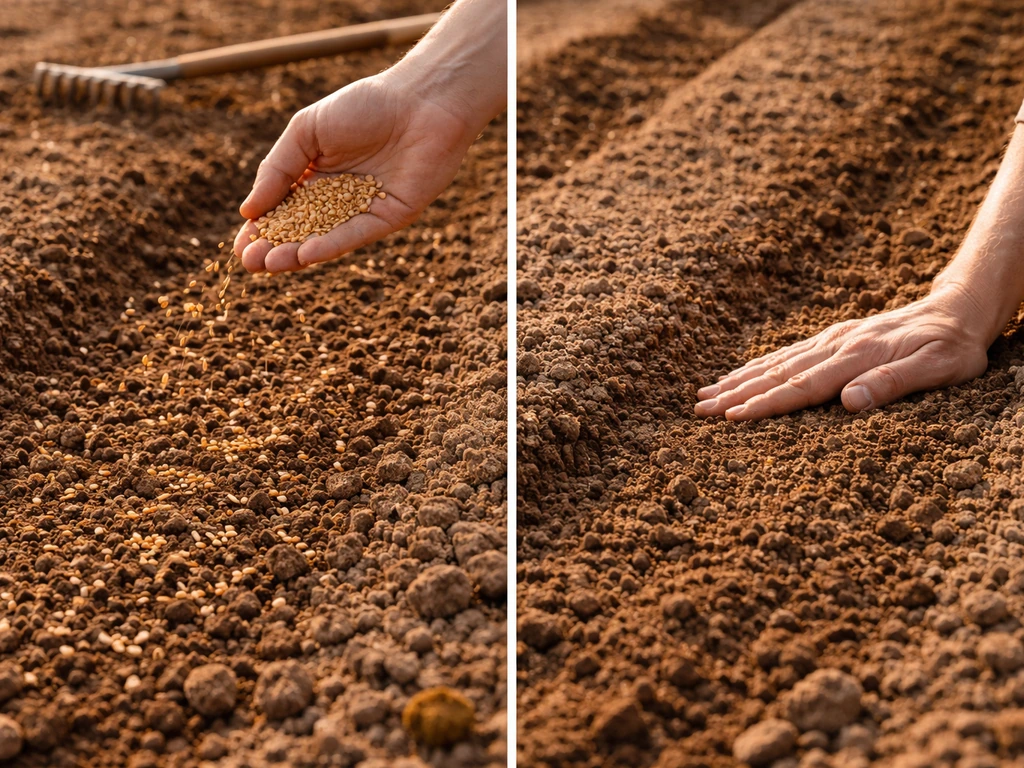 Hand broadcasting wheat seed over prepped soil, then lightly covering and pressing for seed-to-soil contact