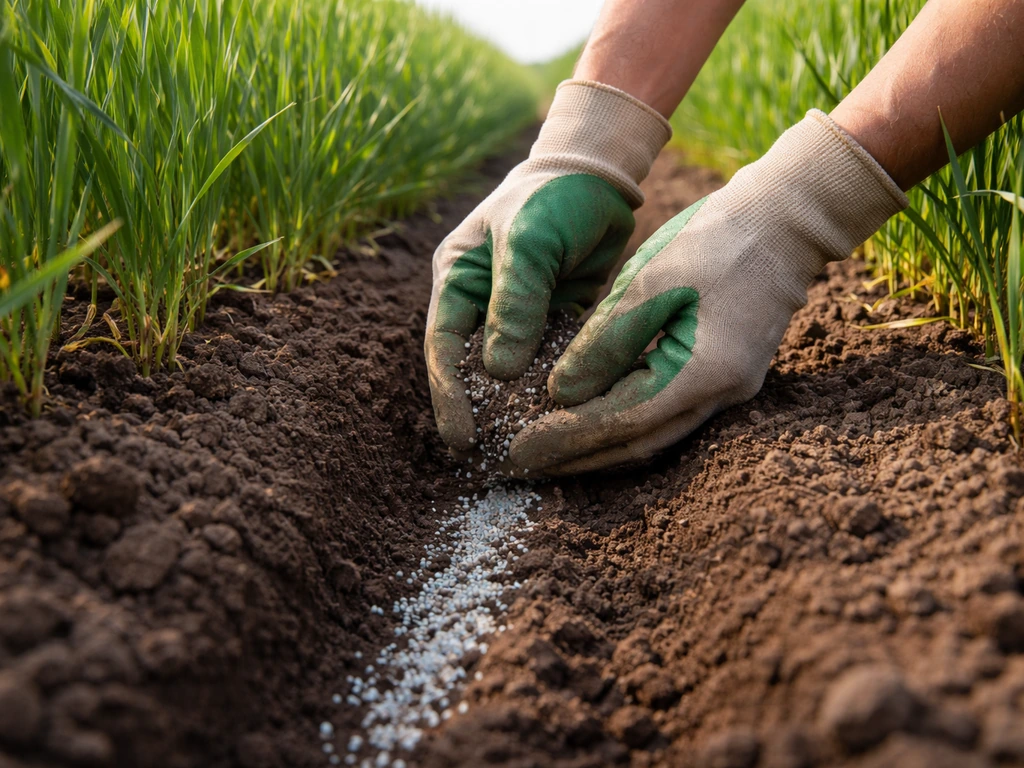 Hands spreading granular fertilizer into a wheat row, covering it with soil on a sunny farm field