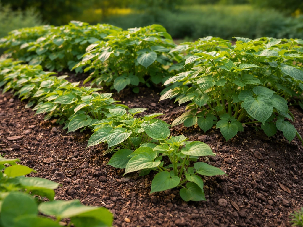 Mixed garden bed with mounded potato plants and bush beans growing together in the same row.