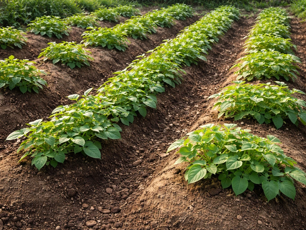 Interplanted potato mounds with bush bean plants growing between rows in a garden bed.