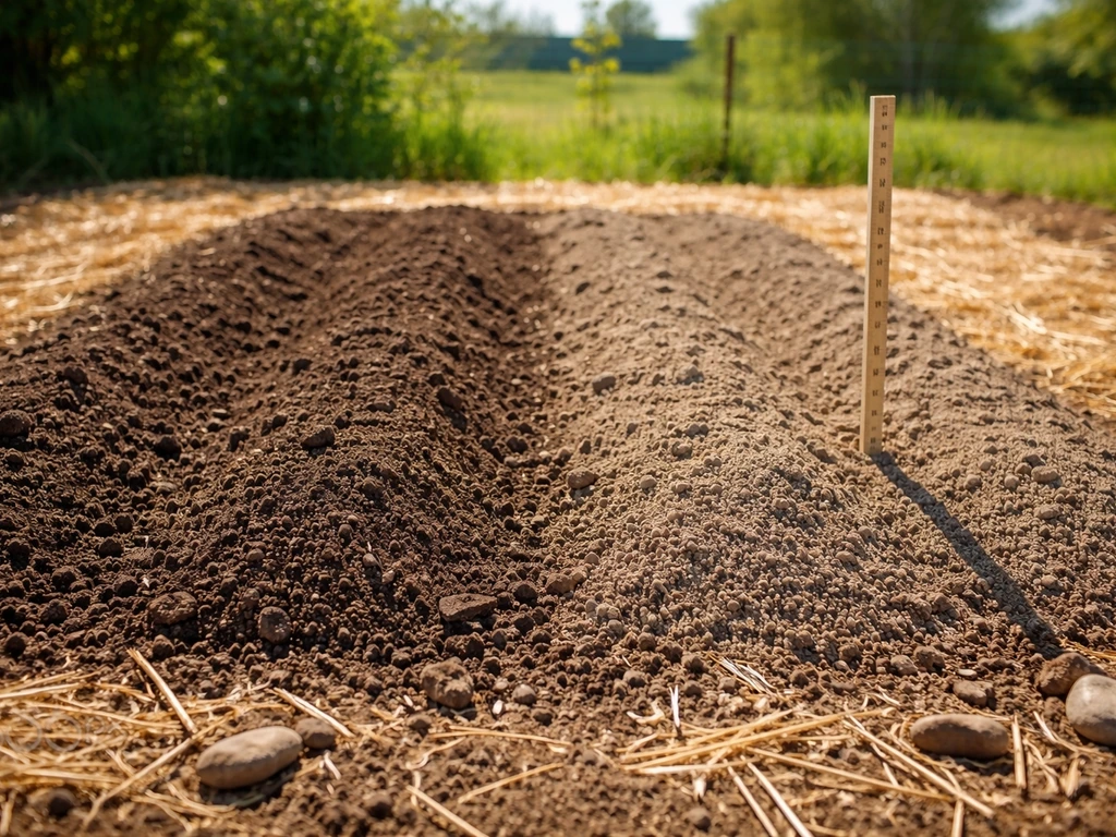 Sunlit garden bed showing two soil textures and simple measuring stick for spacing and light planning.
