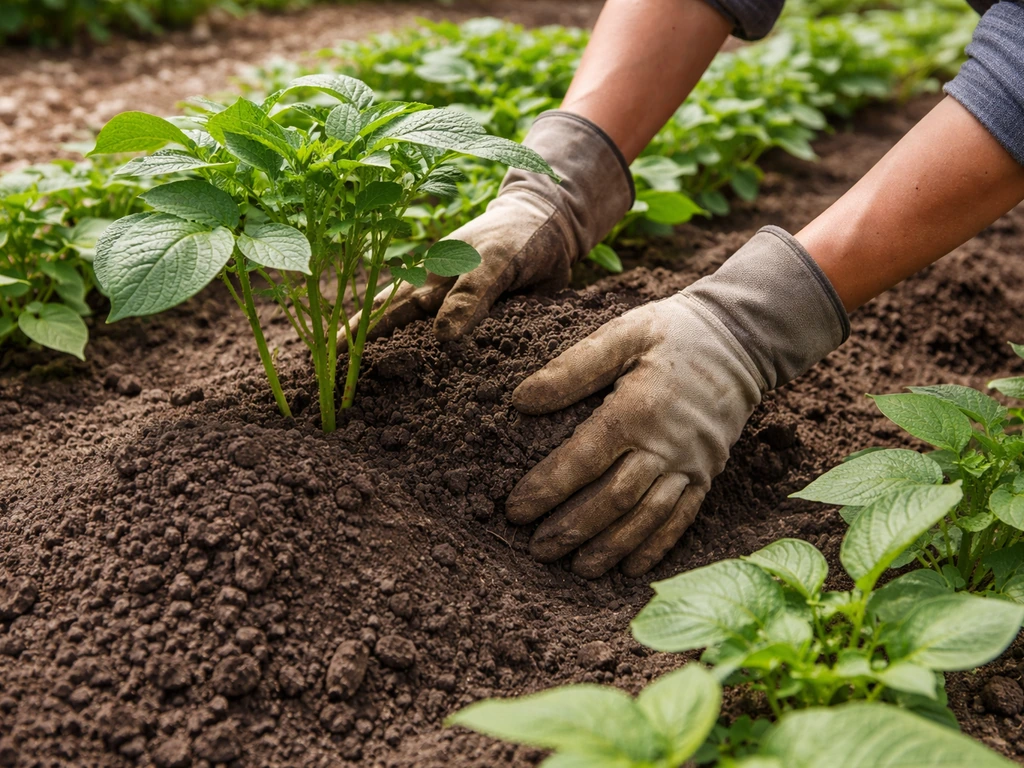 Gardener’s hand hilling soil around potato stems in a mixed bed with thriving bean plants