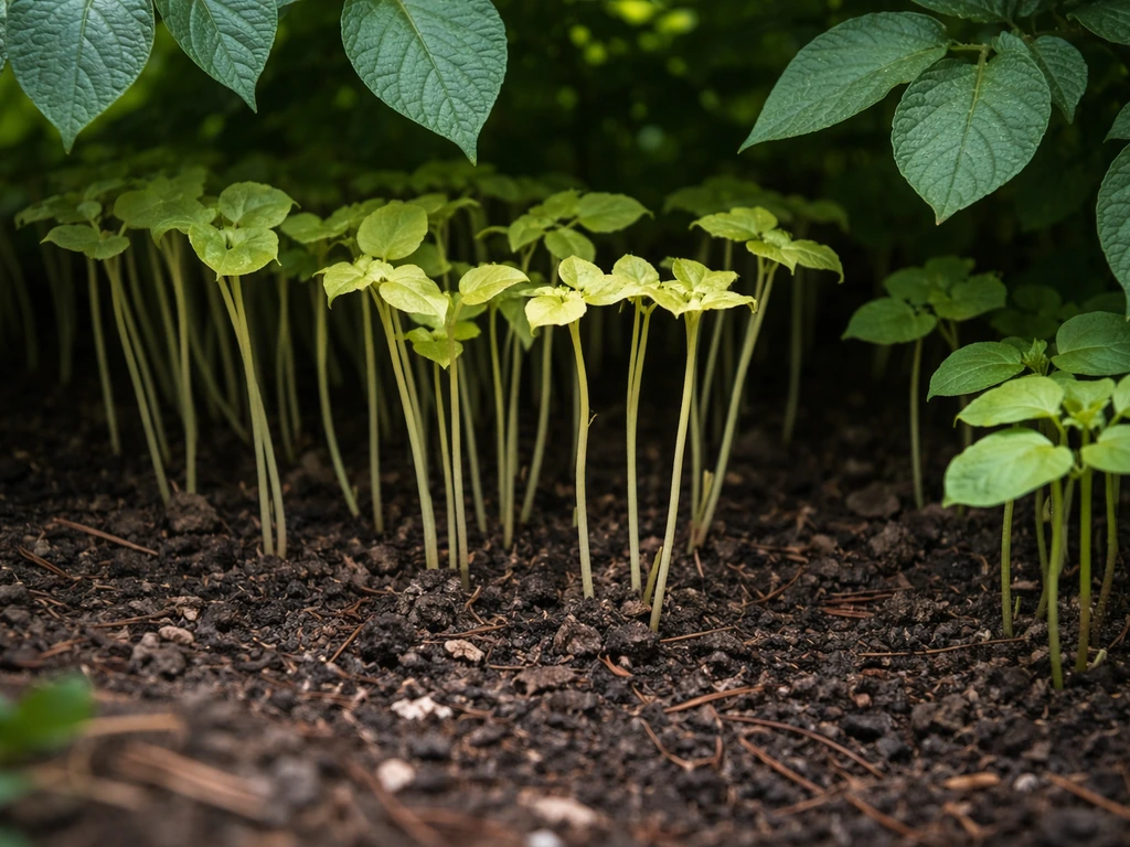 Pale, spindly bean seedlings growing under overhanging potato foliage in a simple garden bed.