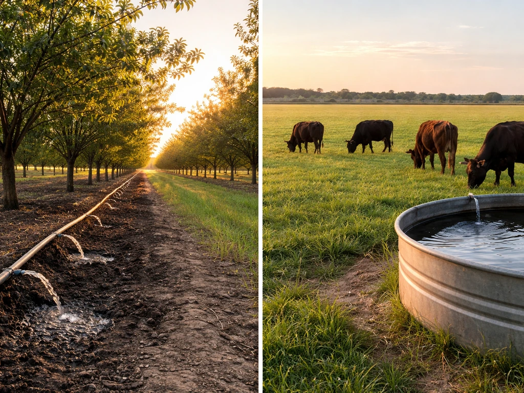 Split image: drip-irrigated almond orchard on the left and grazing cattle pasture with trough on the right.