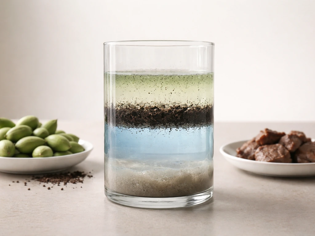 Minimal photo of stacked green, blue, and grey water layers in a glass container beside almonds and beef.