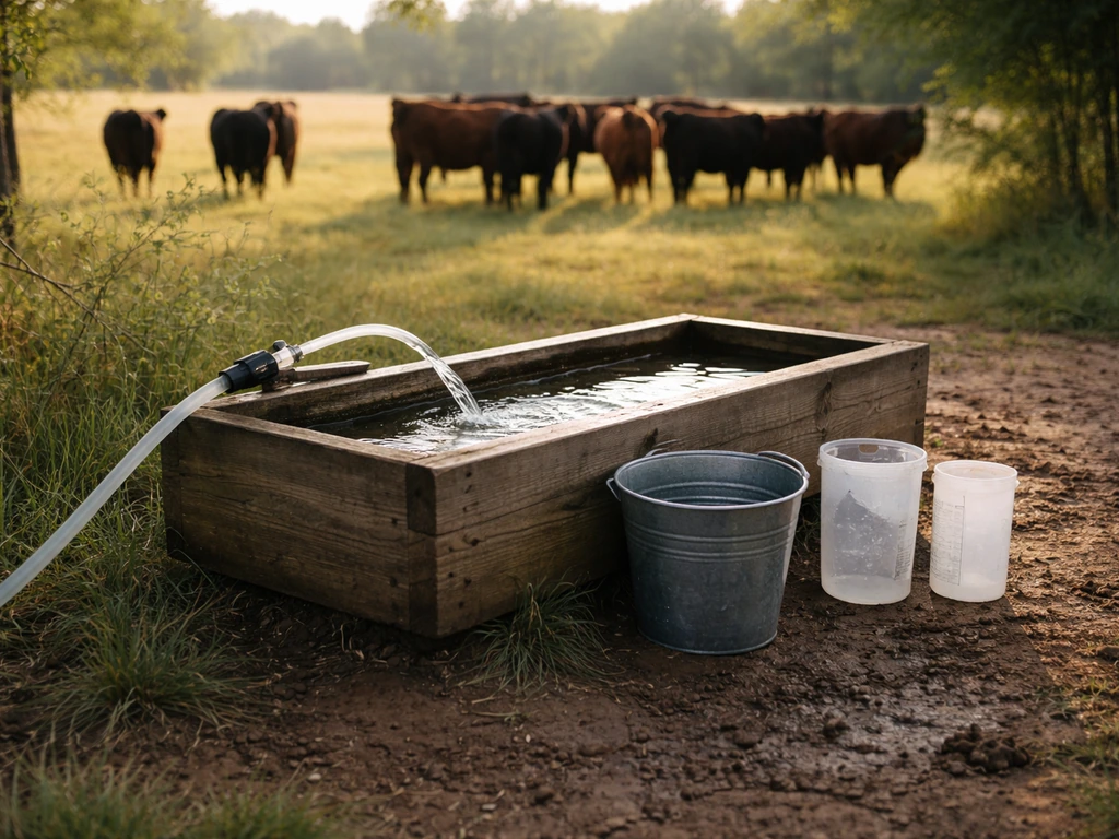 Small homestead watering setup with trough, hose, and measured containers for a beef herd