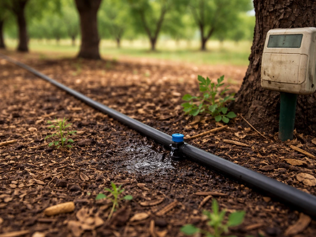 Close-up of drip irrigation lines with emitters in an almond orchard, mulch and soil moisture visible