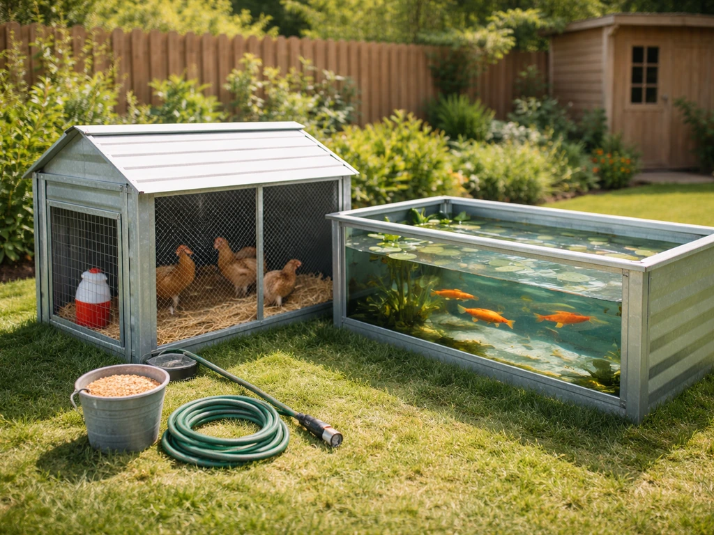 Small backyard coop and fish tank side by side, showing home livestock and aquaculture setup.
