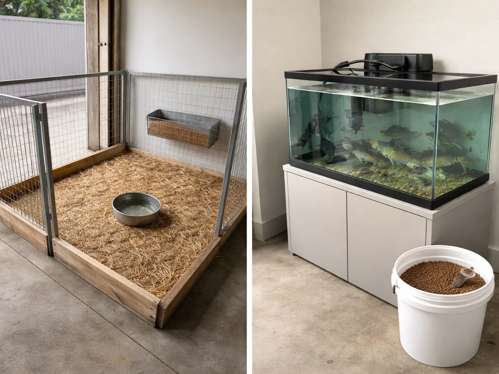 Minimal collage showing two home grow-meat approaches: small livestock and home aquaculture setup side by side.