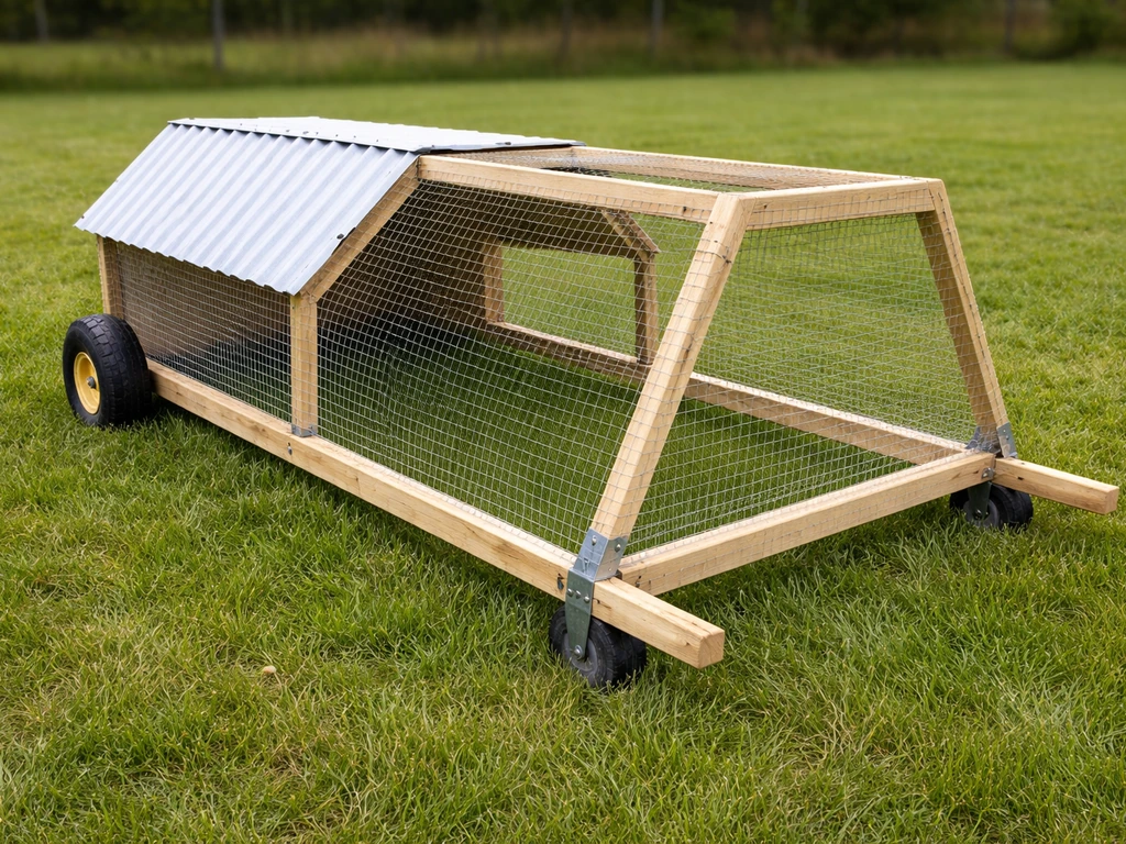 Close-up of a moveable chicken tractor frame with wheels on grass, showing shelter structure outdoors.