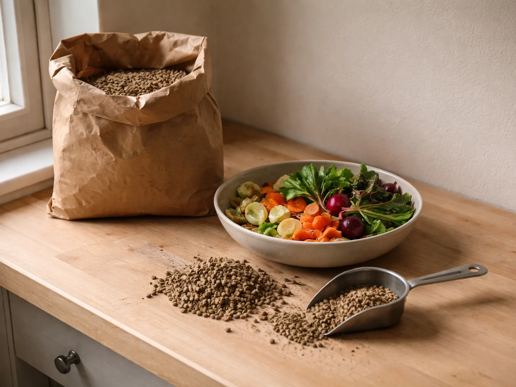 Bagged animal feed and kitchen scraps beside a measuring scoop on a simple worktable.