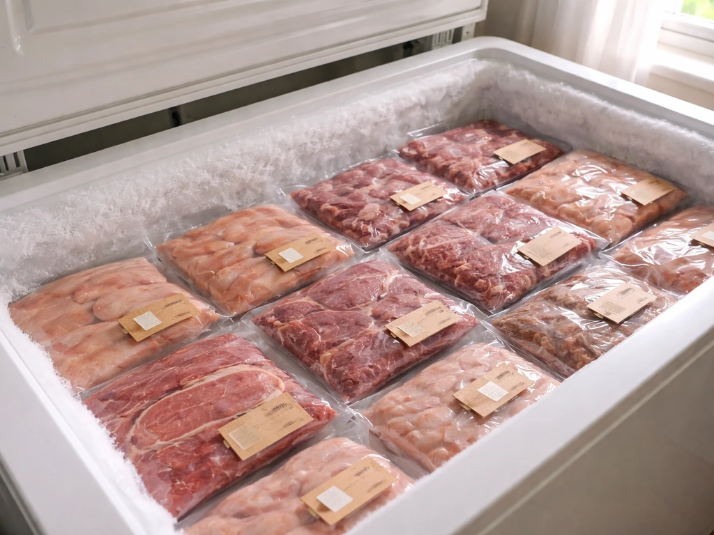 Open chest freezer with vacuum-sealed meat portions neatly arranged, with visible date sticker tags.