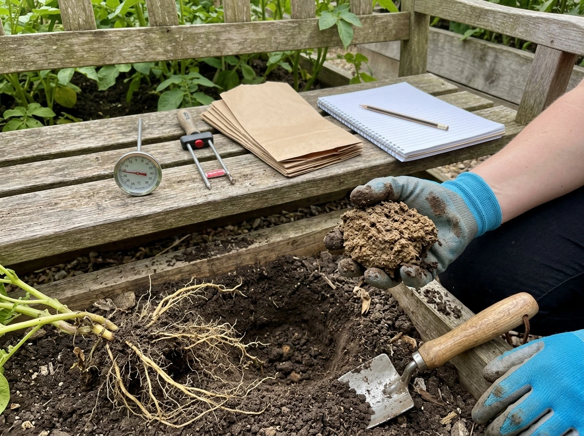 Tools and soil samples arranged beside a dig site to diagnose potato yield limits