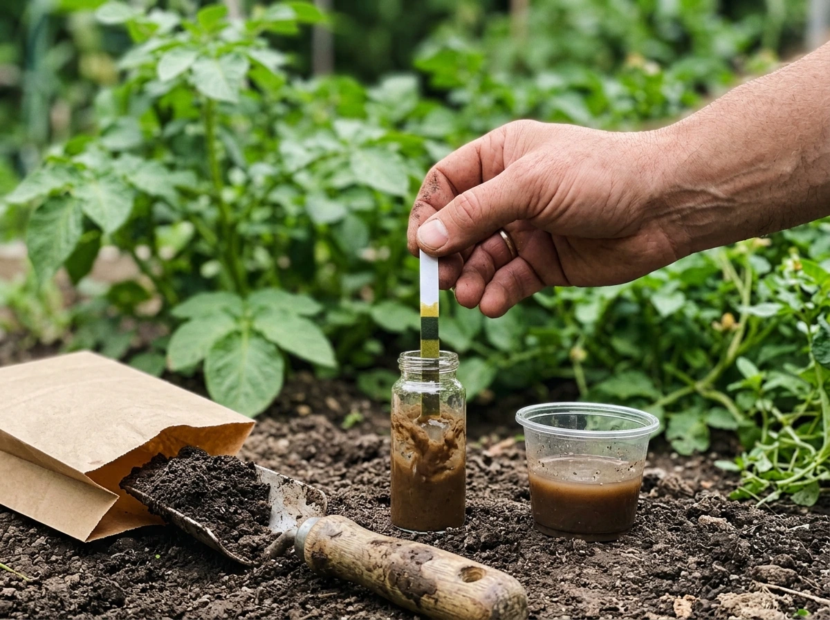 Soil pH and nutrient testing setup with hand holding a test strip and soil slurry