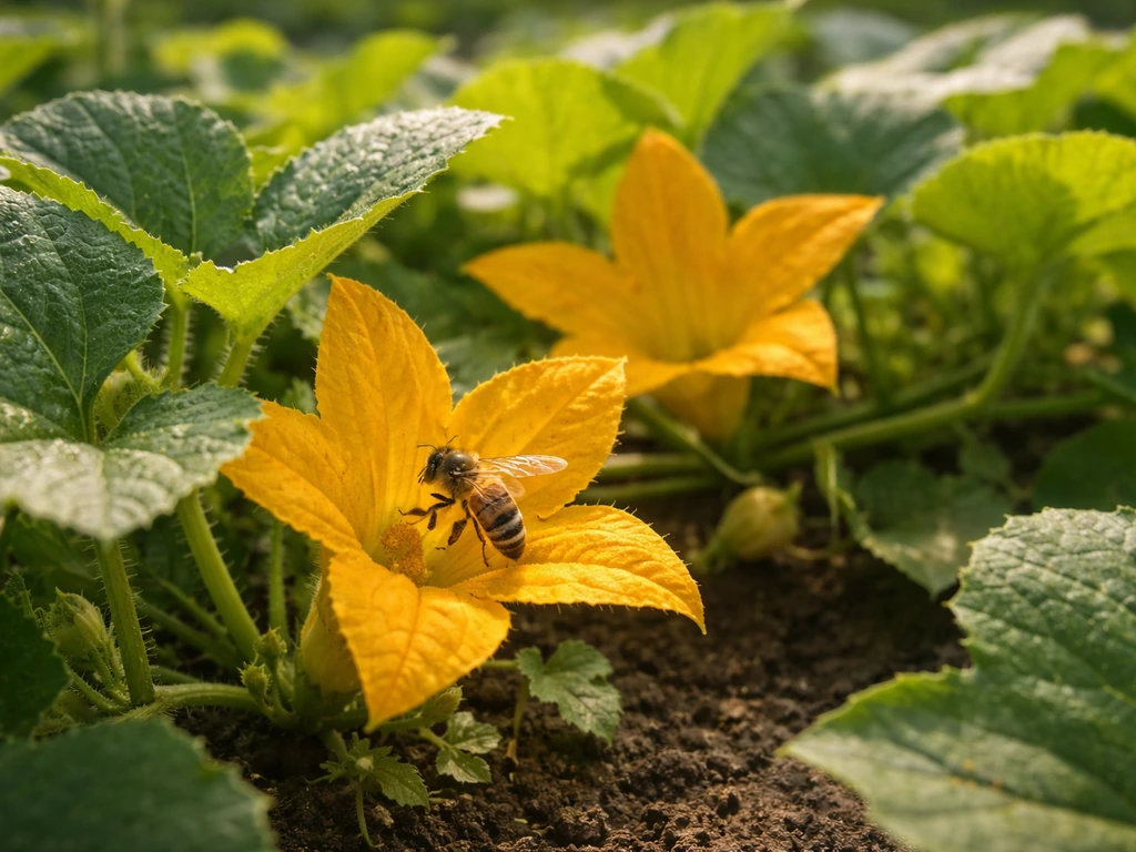 Sunlit cucumber blossoms with a bee actively pollinating in a simple vegetable garden bed.