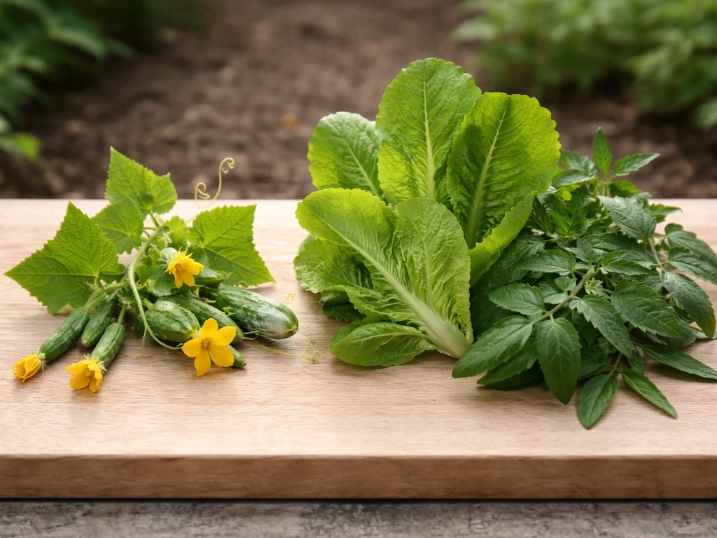 Minimal split scene of flowering cucurbits and pollinator-attracting garden plants versus leafy greens with no flowers.