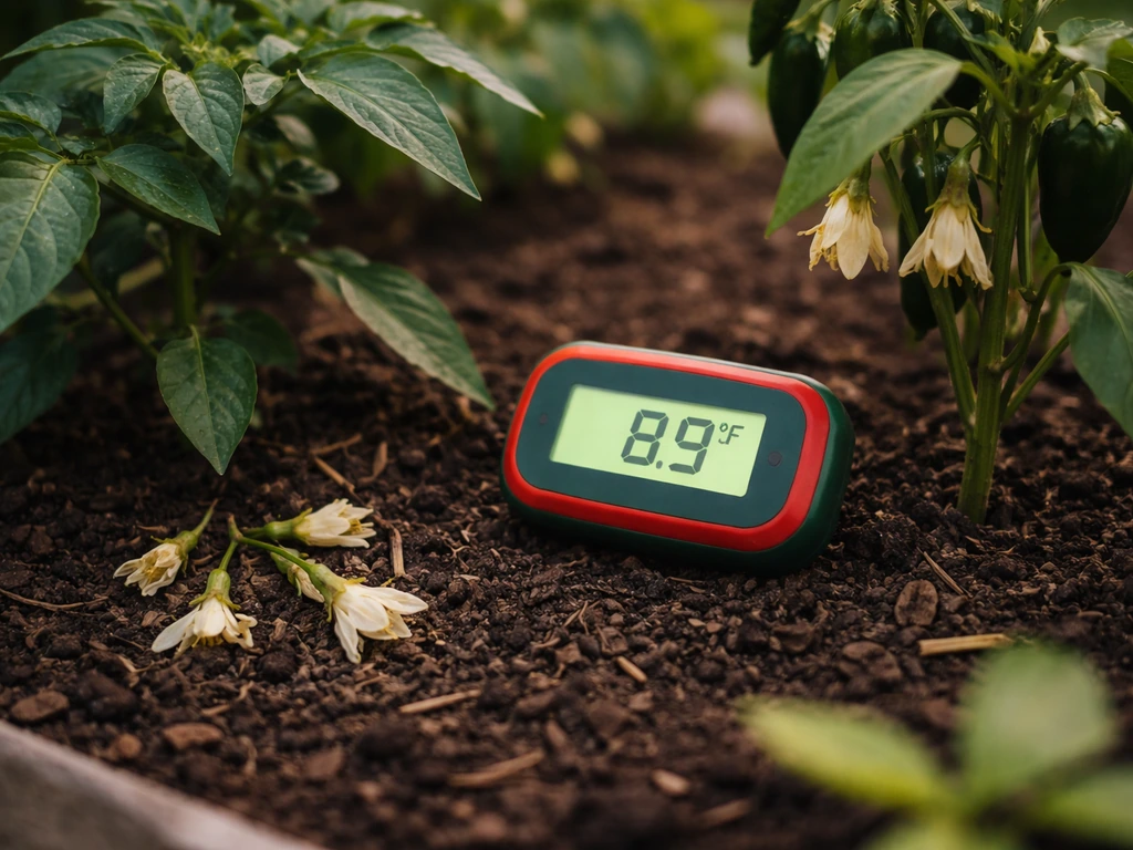 Garden close-up with a lit thermometer beside tomato and pepper plants and fallen blossoms on soil