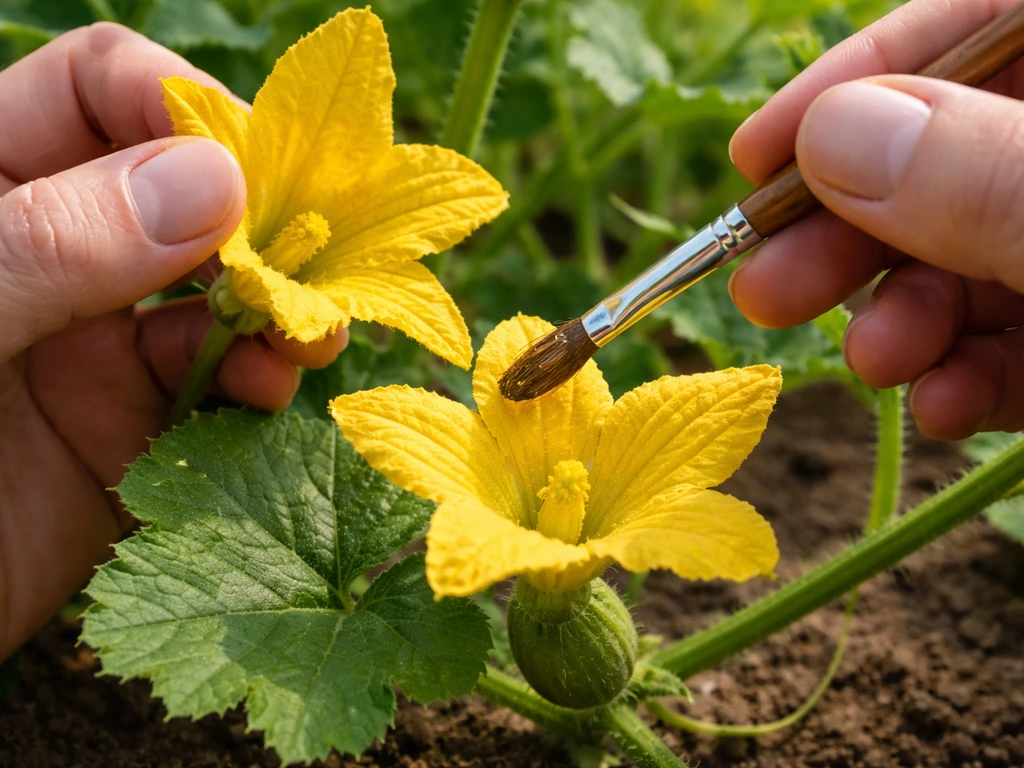 Close-up of a small paintbrush transferring pollen between male and female cucurbit flowers on a plant.
