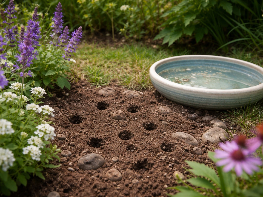 Bee-friendly garden: bare soil patch, shallow birdbath water, and nearby flowering plants.