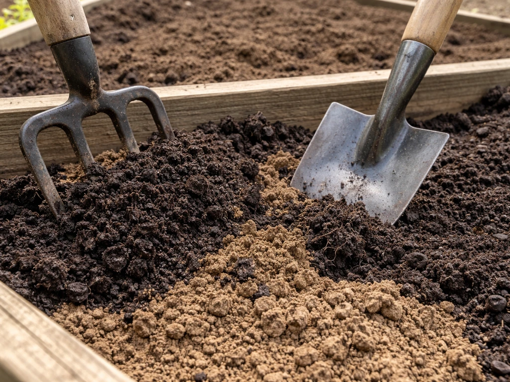 Garden fork mixing compost into topsoil in a raised bed during soil preparation.