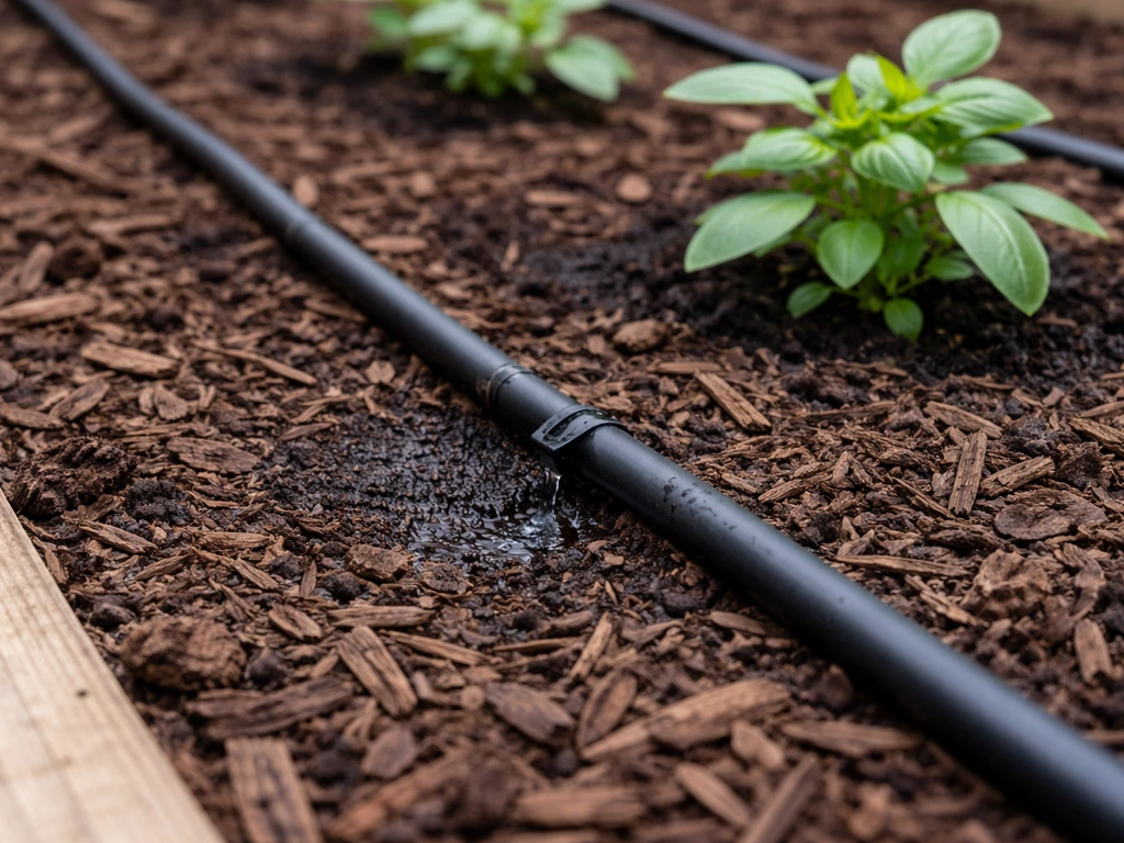 Close-up of drip irrigation tubing under dark mulch with emitters aiming water at plant root zone.