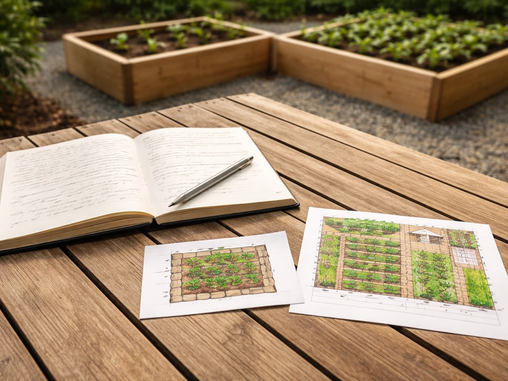 Sunlit garden planning notebook beside two simple garden beds showing different space sizes.