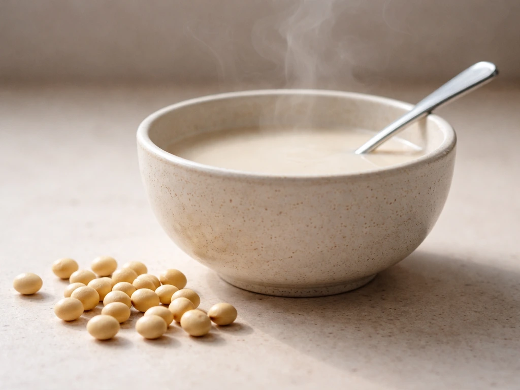 Close-up of fresh soybeans beside a steaming bowl of soy-milk, minimal and realistic