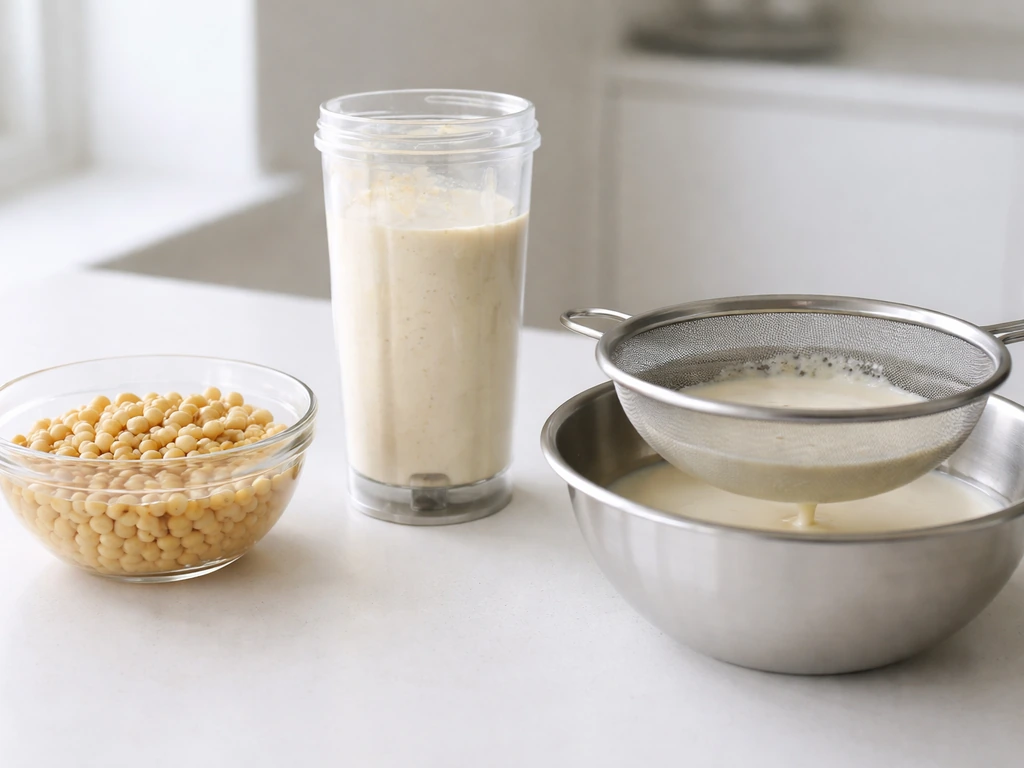 Minimal tofu-making kitchen scene: soaked soybeans, a grinder slurry, and a strainer with soy milk