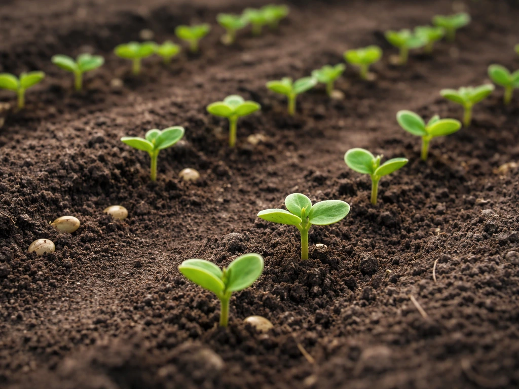 Close-up of young soybean plants in rows in a garden bed, with dark soil and new green growth.