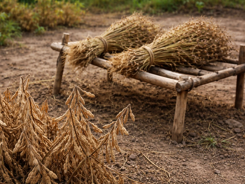 Dry brown soybean pods on stems, with harvested bundles resting on a wooden rack to dry.