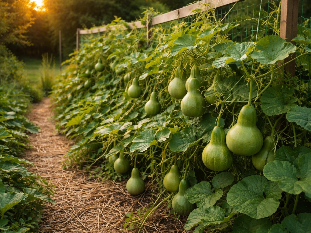 Warm-season homestead garden with lush gourd vines loaded with ripe gourds on the vine.