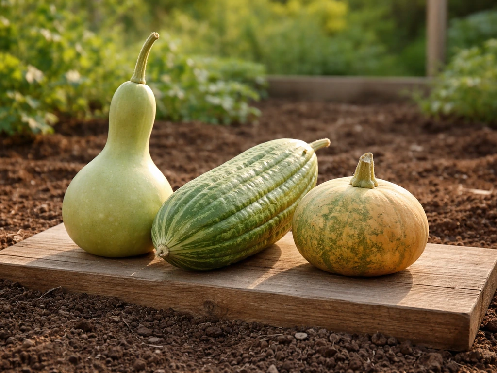 Three homegrown gourds—bottle gourd, luffa, and hard-shell—laid out to show different shapes.