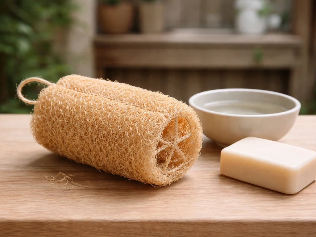 Dry luffa fibers shaped into a scrub sponge beside a simple handwashing setup with water