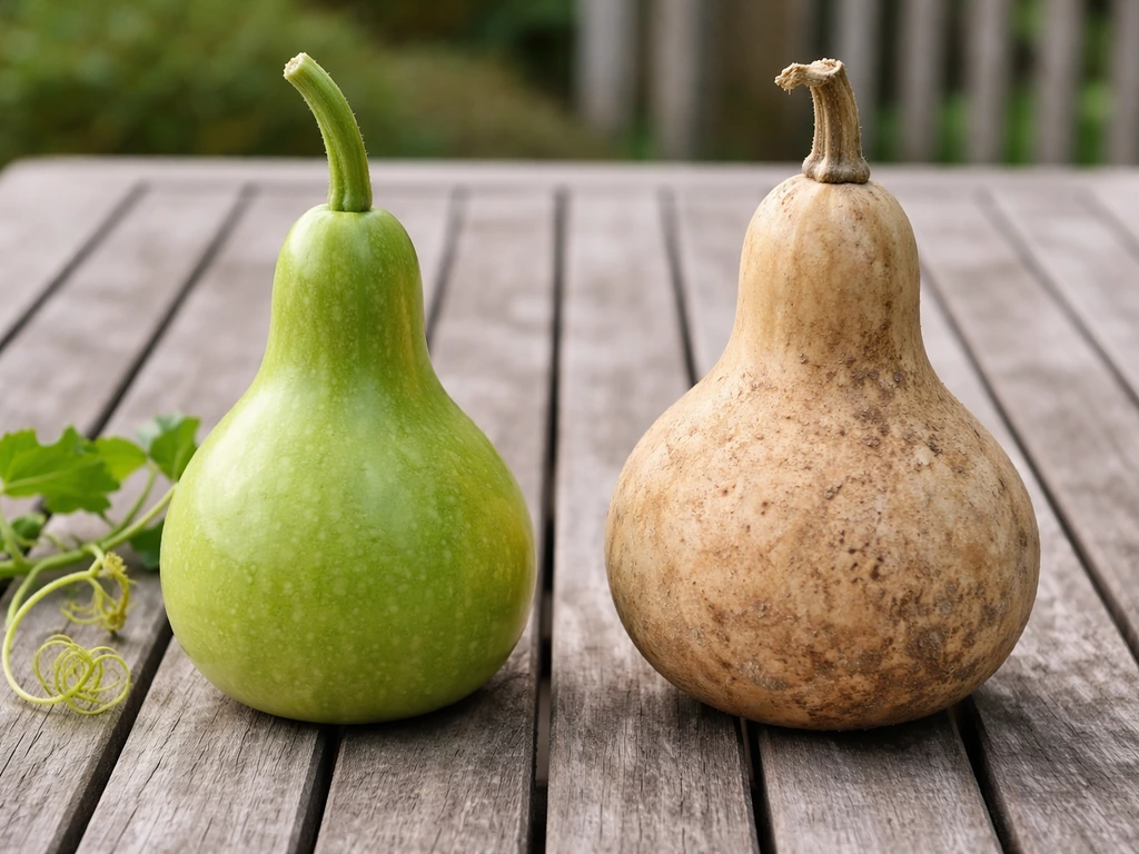 Two gourds side by side: one young edible bottle gourd, one dried hard-shell gourd curing for crafts.