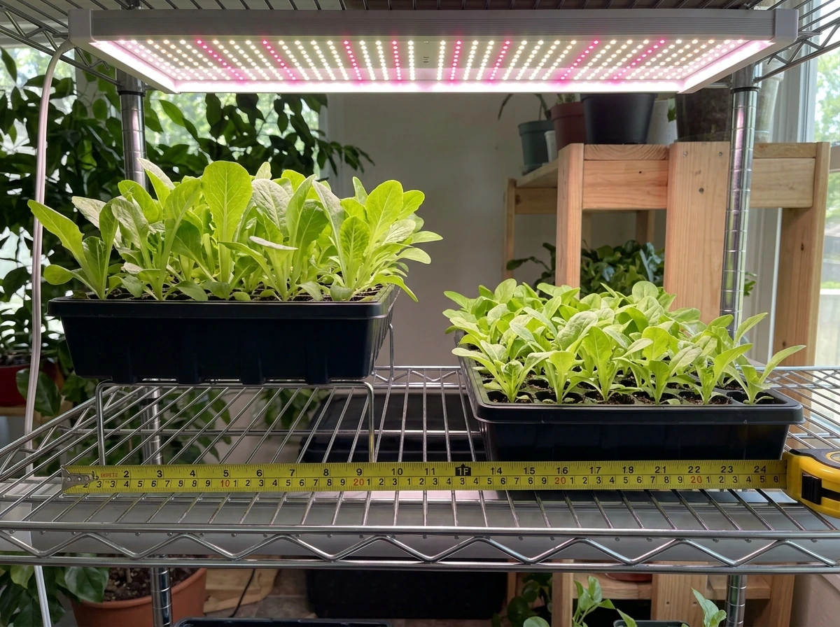 Same plants at different distances from an LED grow light