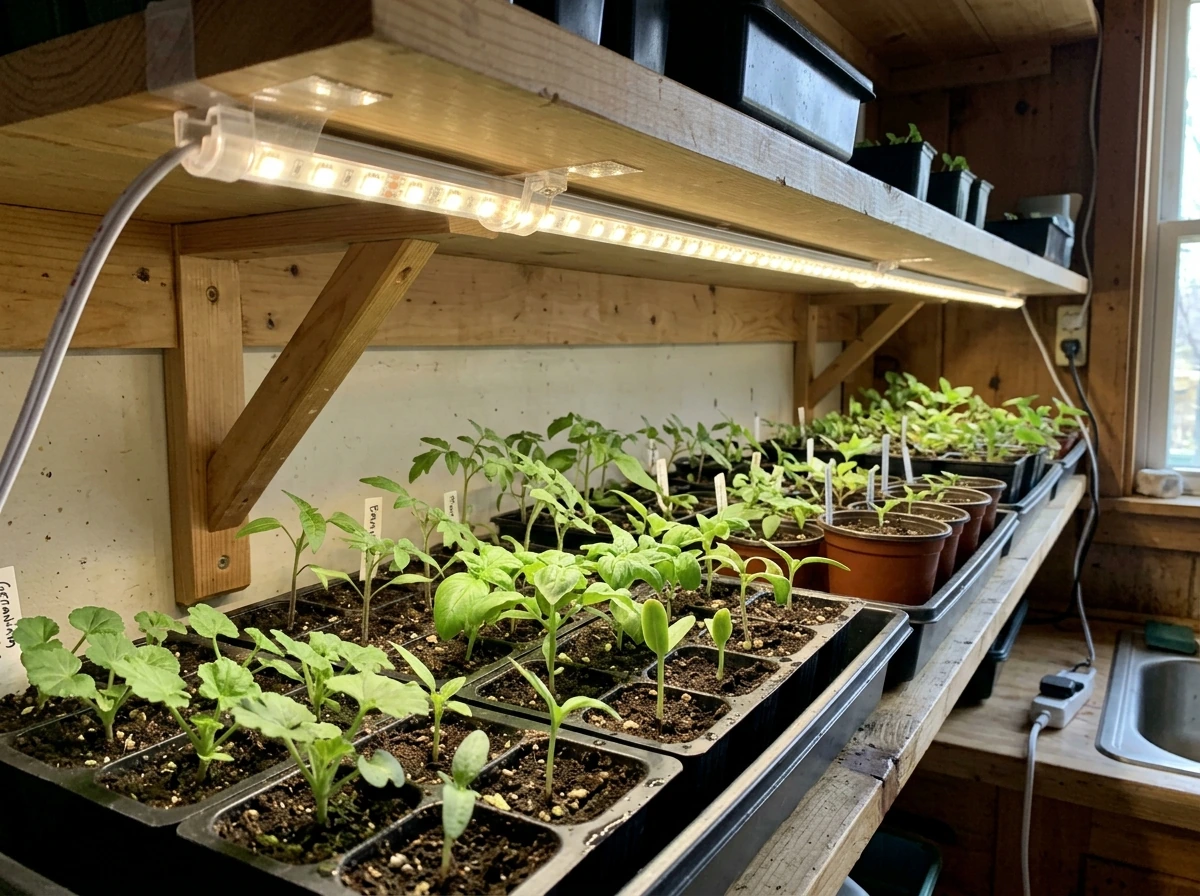 LED strip light mounted under a shelf illuminating multiple plants