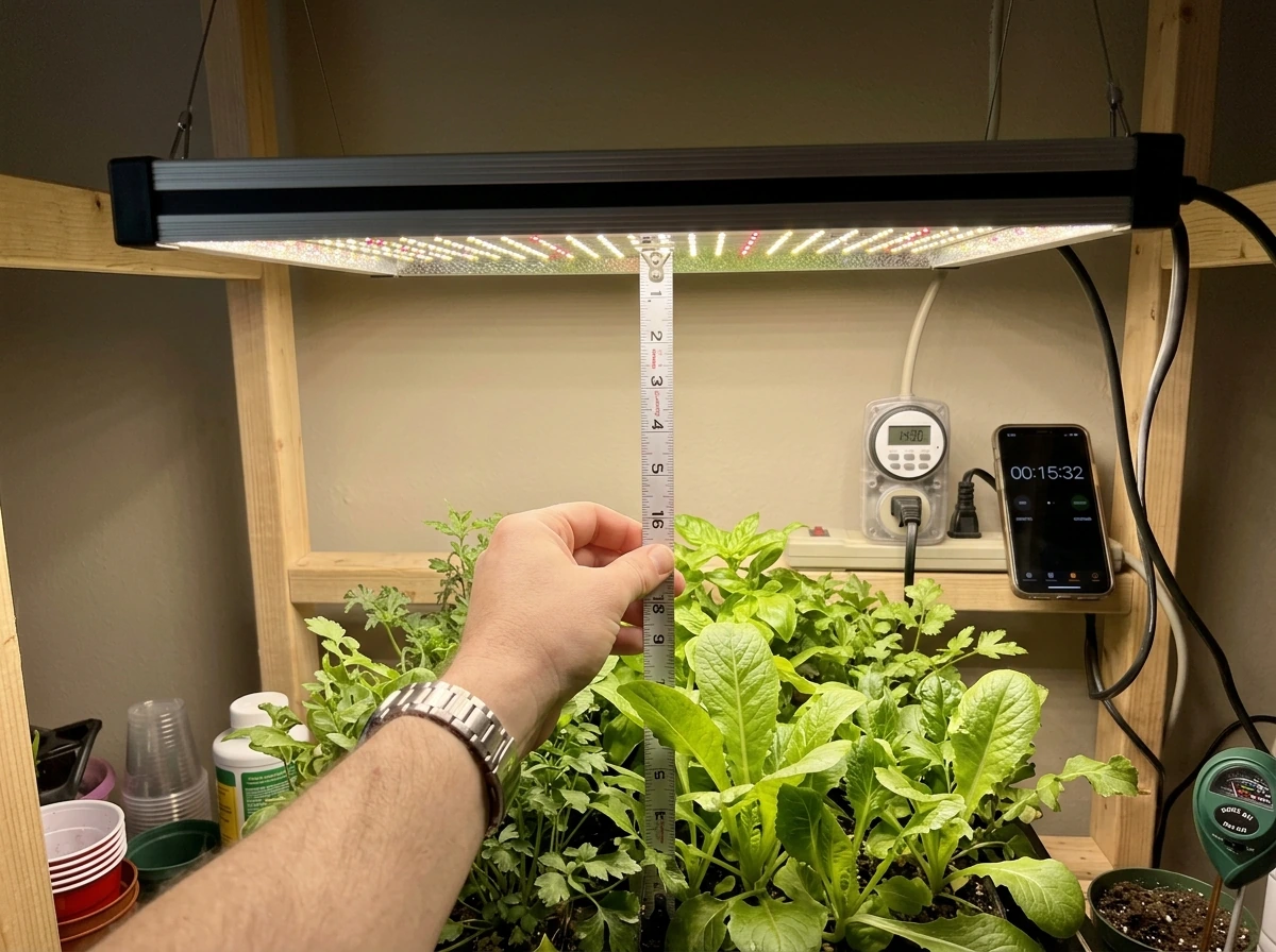LED grow light height and a timer setup used for daily light hours