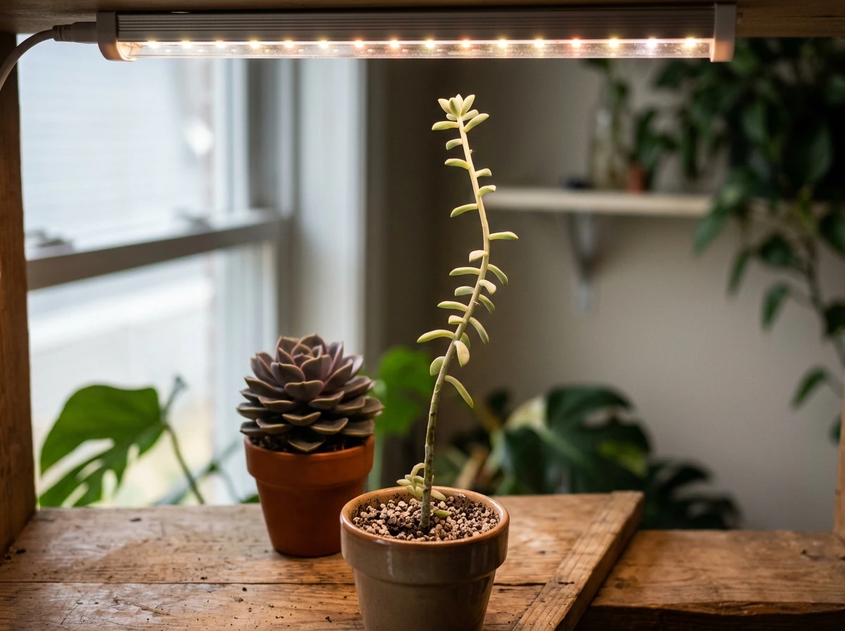 Leggy, stretched plant indicating LED light is too far or too dim
