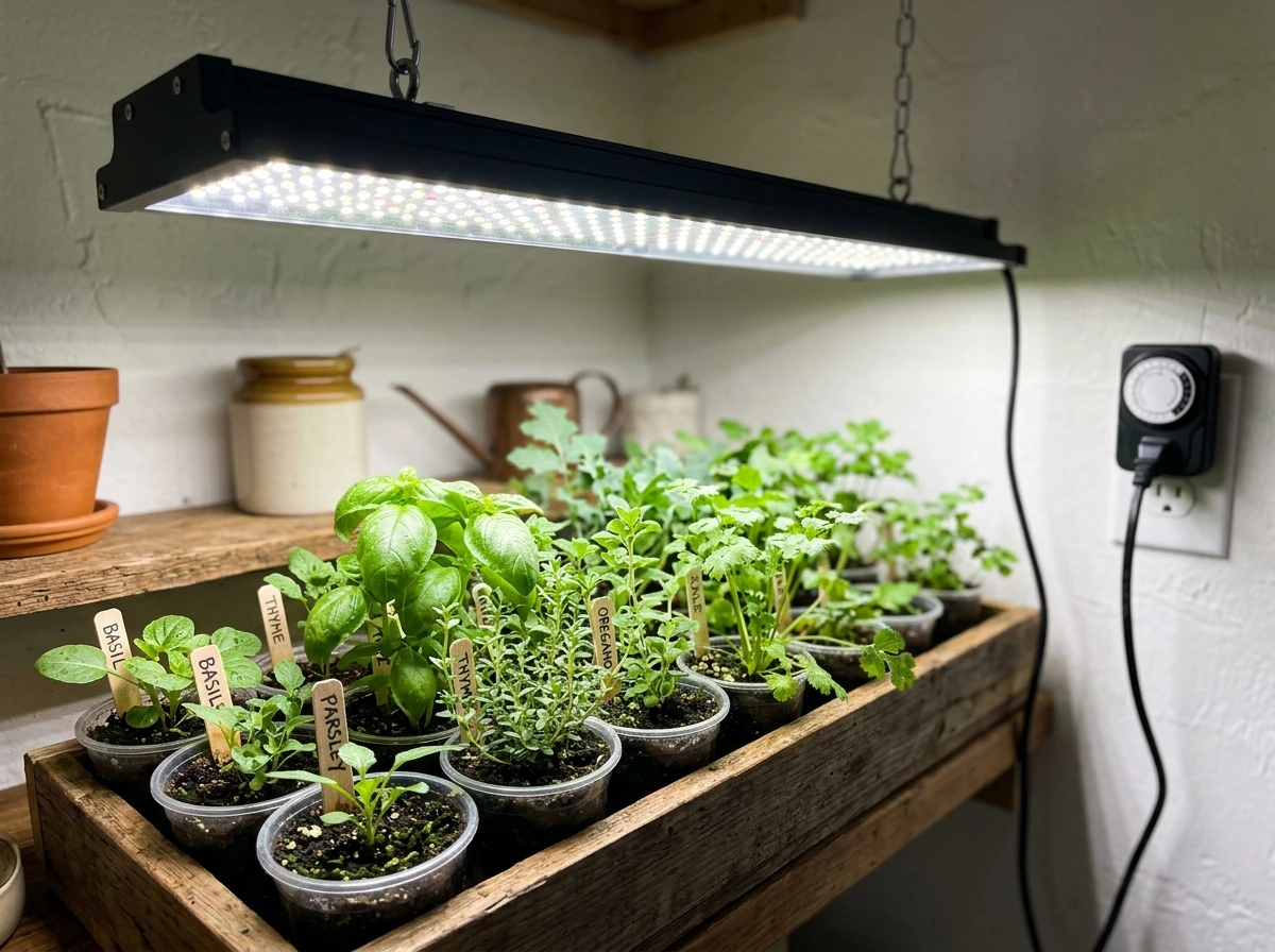 Herb seedlings under a standard LED shop light