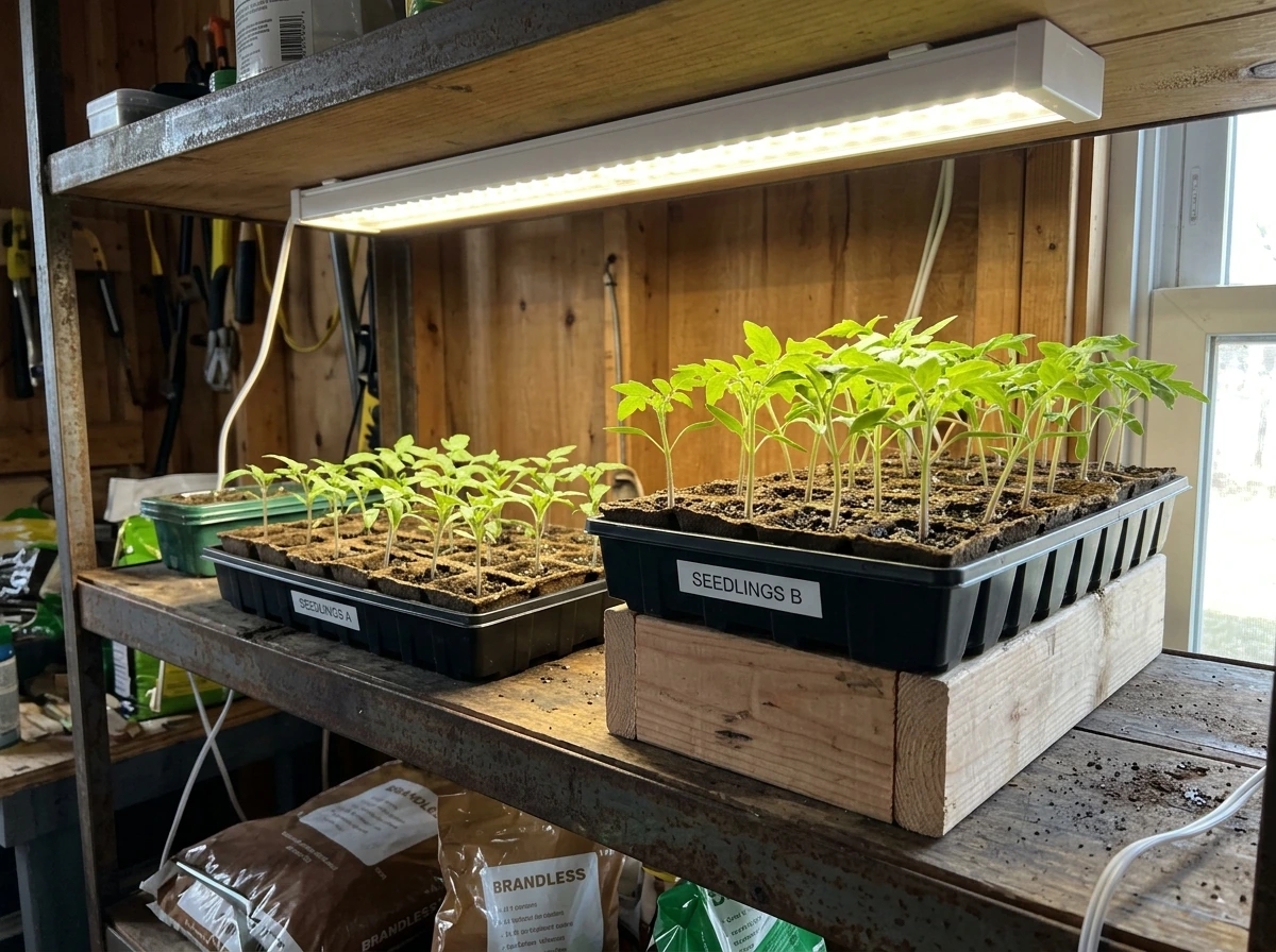 Distance test showing seedlings at two different heights under the same LED