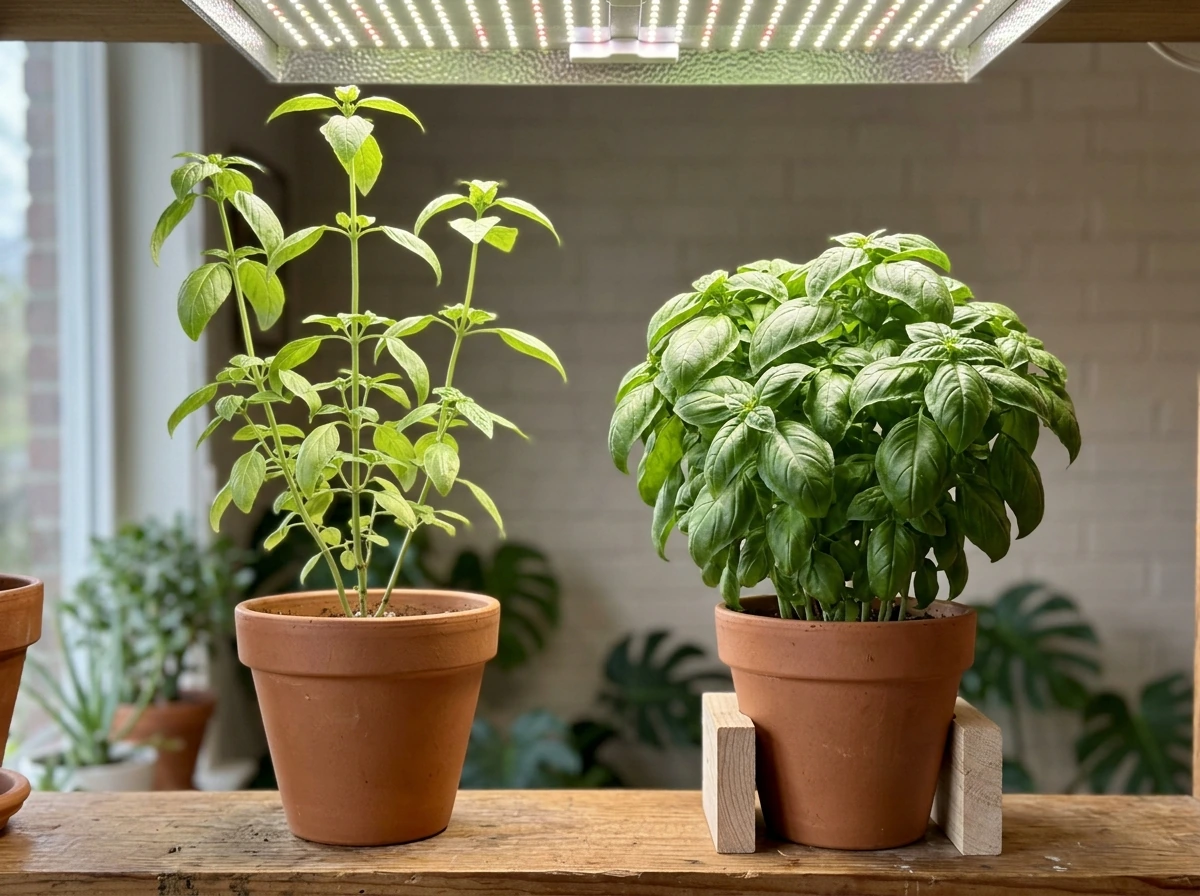 Leggy stretched plant compared to healthier compact growth